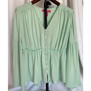 Catherine Seafoam Green Semi-Sheer Bell Sleeve Button Front  Boho Blouse - Small